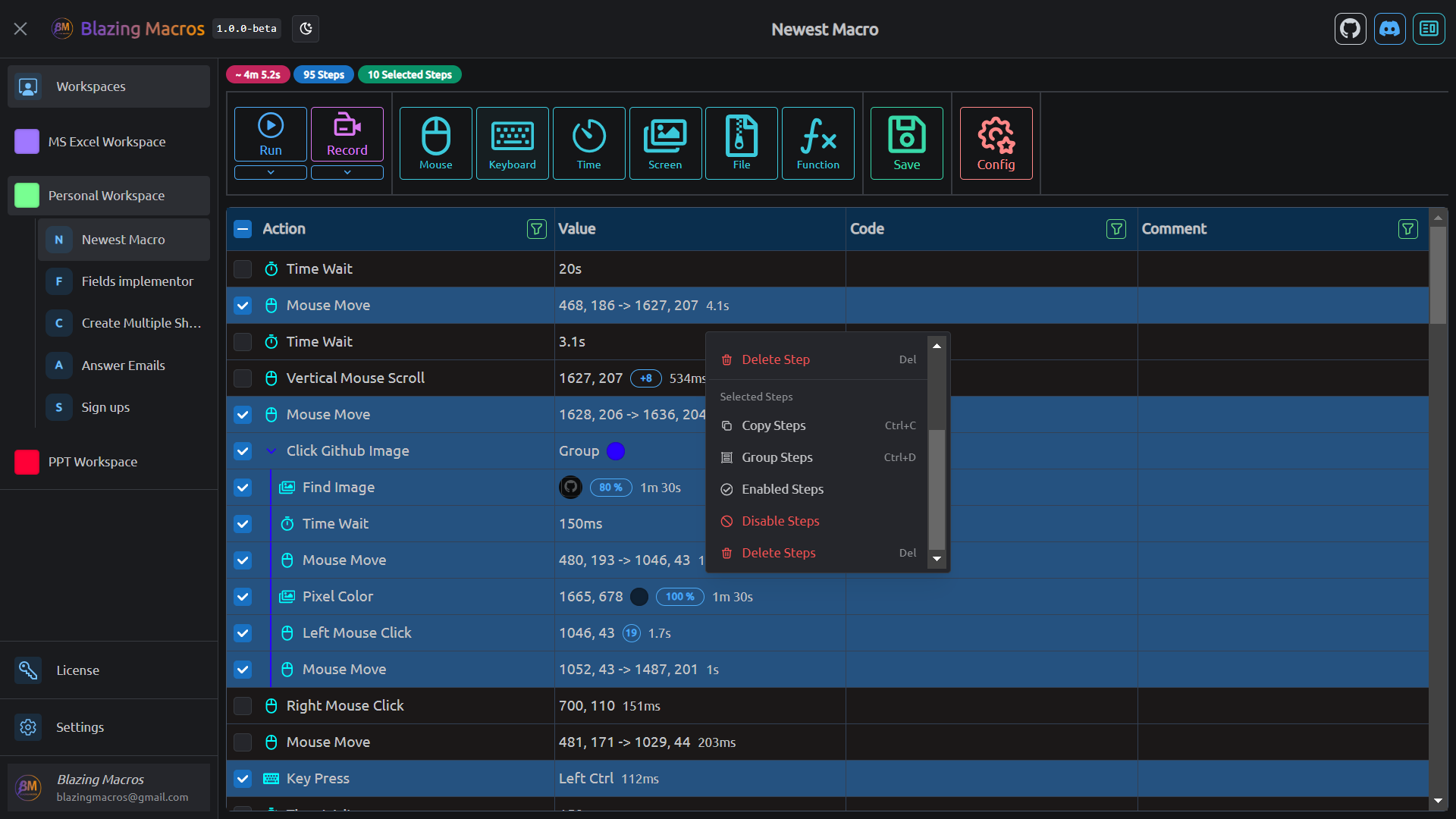 Selected Steps Menu Image