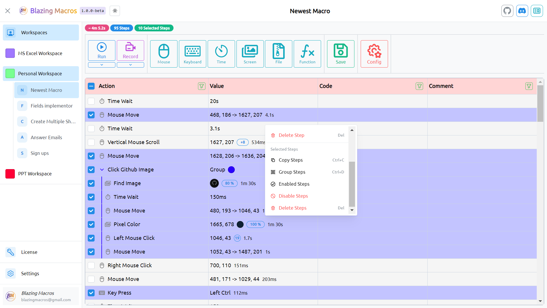 Selected Steps Menu Image